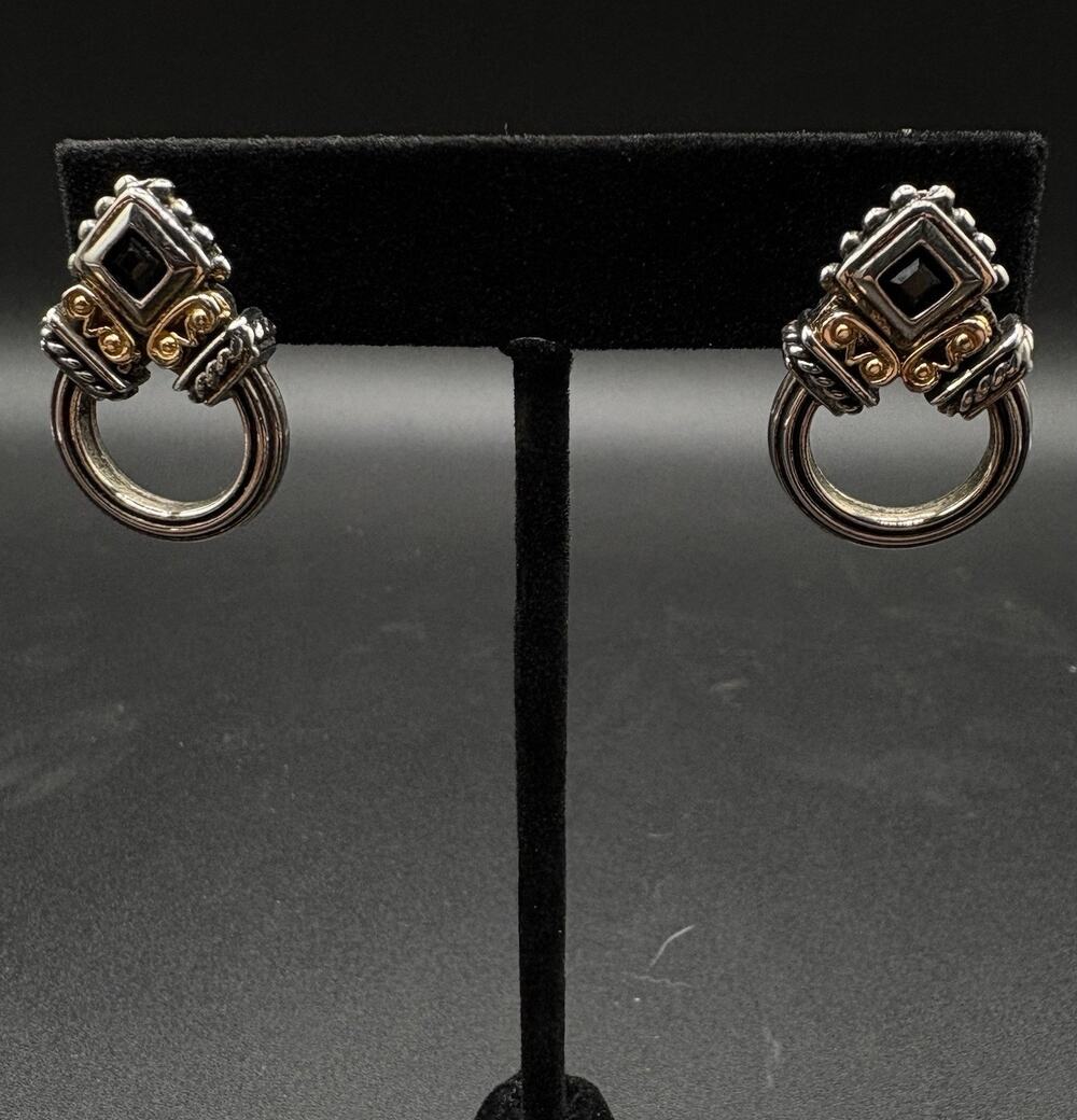Vintage Signed PISCITELLI 2 tone Silver & Gold Black Stone Pierced Earrings